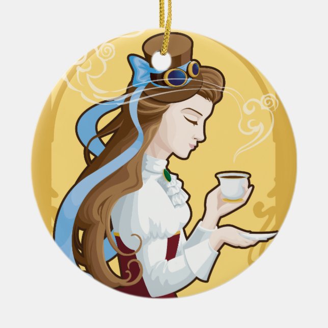 Steampunk Tea Time Ceramic Tree Decoration (Front)