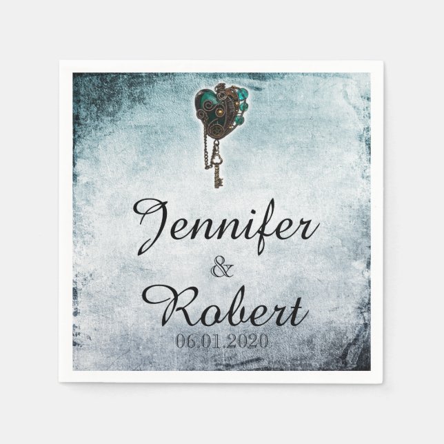 Steampunk Teal Heart Wedding Napkin (Front)