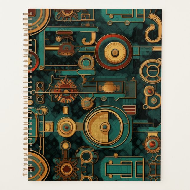 Steampunk Teal Red Gold Planner (Front)