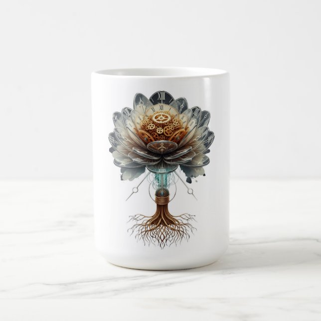 Steampunk Temporal Bloom: Mechanical Nature Engine Coffee Mug (Center)