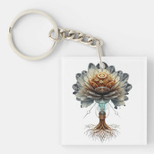 Steampunk Temporal Bloom: Mechanical Nature Engine Key Ring
