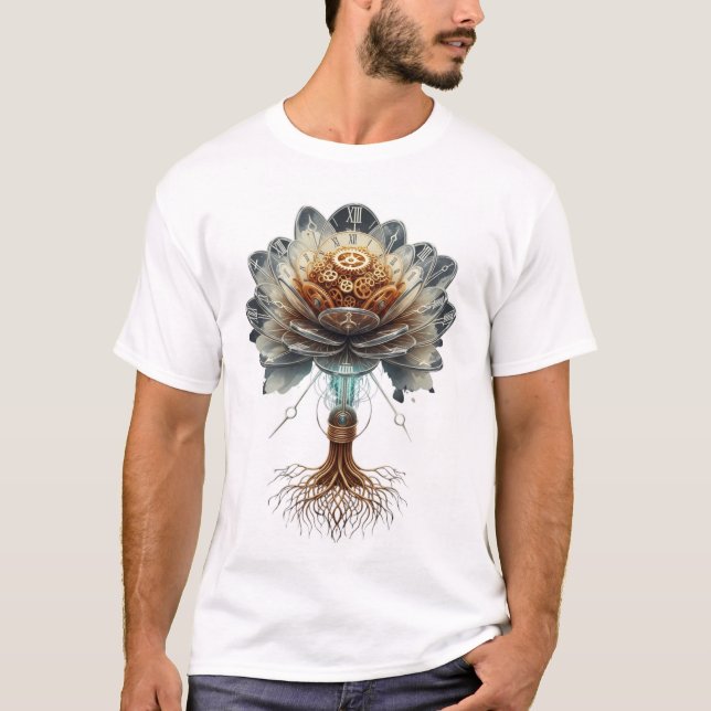 Steampunk Temporal Bloom: Mechanical Nature Engine T-Shirt (Front)