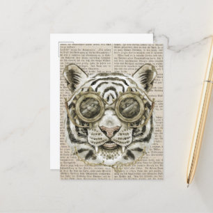 Steampunk Tiger on Vintage Text Postcard