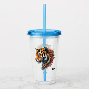 Steampunk Tiger with Roses Illustration.  Acrylic Tumbler