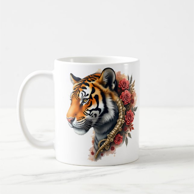 Steampunk Tiger with Roses Illustration.  Coffee Mug (Left)