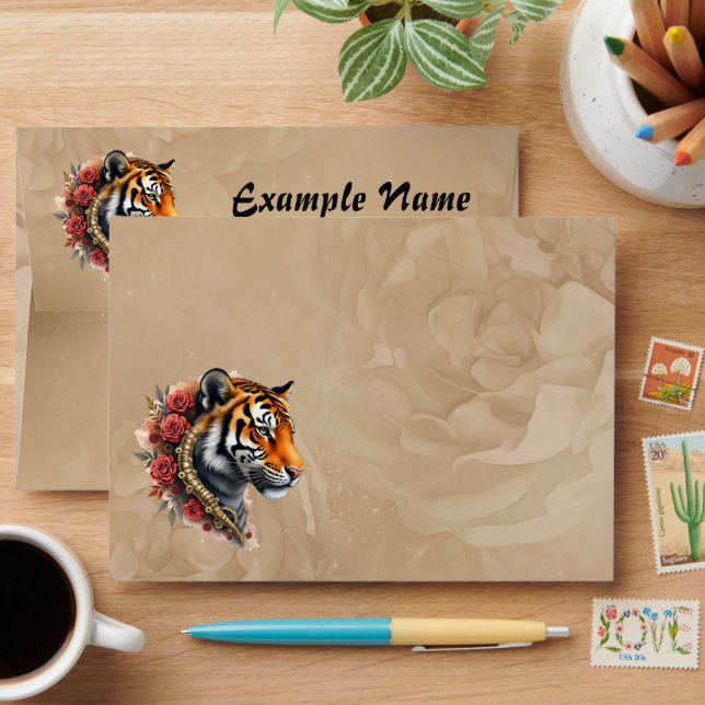 Steampunk Tiger with Roses Illustration Envelope (Desk)