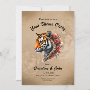 Steampunk Tiger with Roses Illustration. Invitation