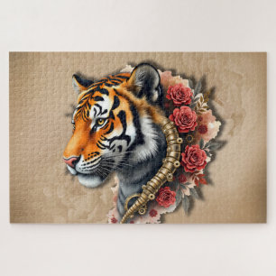 Steampunk Tiger with Roses Illustration. Jigsaw Puzzle