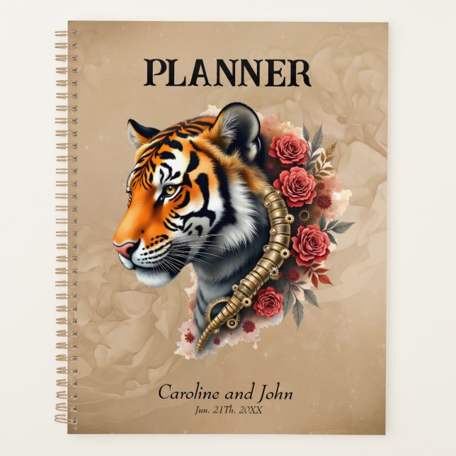 Steampunk Tiger with Roses Illustration.  Planner (Front)
