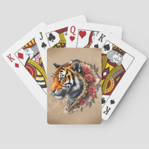 Steampunk Tiger with Roses Illustration.  Playing Cards