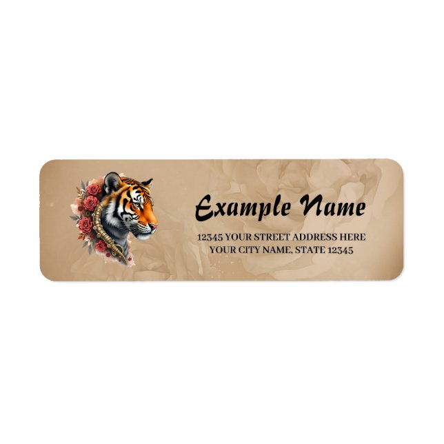 Steampunk Tiger with Roses Illustration. Return Address Label (Front)
