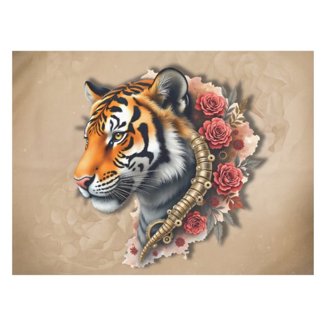 Steampunk Tiger with Roses Illustration.  Tablecloth (Front (Horizontal))