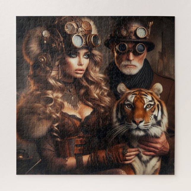 Steampunk -Time Machine Couple & Tiger 80 -3 Jigsaw Puzzle (Vertical)