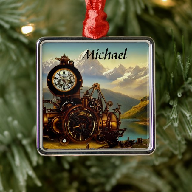 Steampunk Time Machine in Swiss Alps Personalised Metal Ornament (Tree)