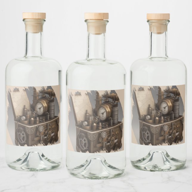Steampunk Time Machine - Vintage Treasure Chest  Liquor Bottle Label (Bottles)