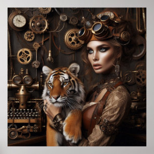 Steampunk -Time Machine Young Girl and Tiger 80-4  Poster