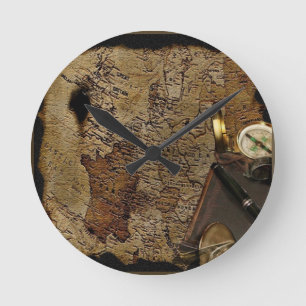 Steampunk time travel accessories, map,compass round clock