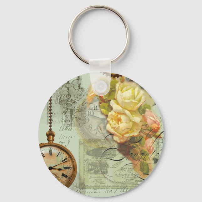 Steampunk Time & Yellow Roses Key Ring (Front)