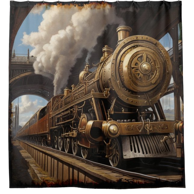 Steampunk Train and Victorian Bridge Shower Curtain (Front)