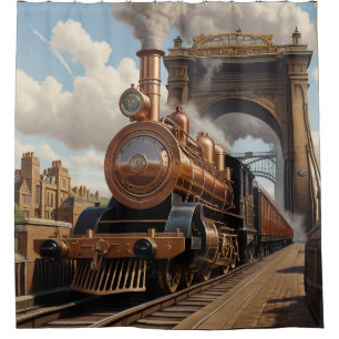 Steampunk Train and Victorian Bridge Shower Curtain