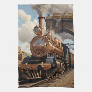 Steampunk Train Leaving London Tea Towel