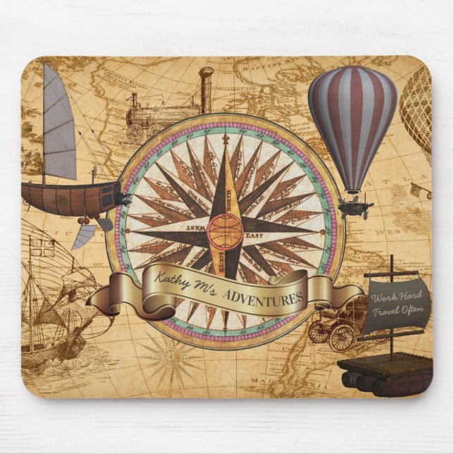 Steampunk Travel Antique Map Compass Adventure Mouse Pad (Front)