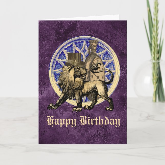 Steampunk Travelling Lion Customisable Birthday Card (Front)