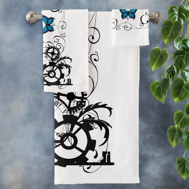 Steampunk Tribal Blue Butterflies Bath Towel Set (Creator Uploaded)