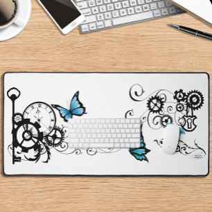 Steampunk Tribal Blue Butterflies Gear Swirl Desk Mat