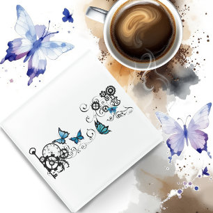 Steampunk Tribal Blue Butterflies Gear Swirl Glass Coaster
