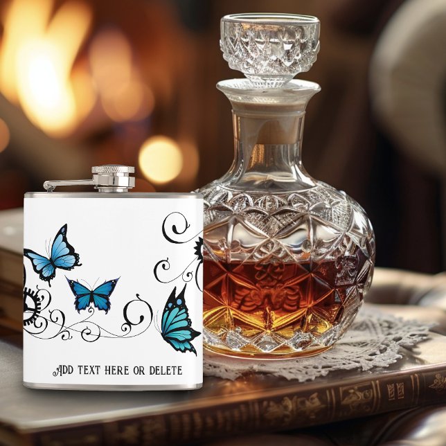 Steampunk Tribal Blue Butterflies Gear Swirl Hip Flask (Creator Uploaded)