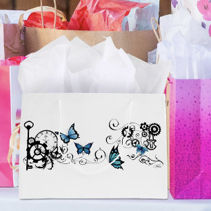 Steampunk Tribal Blue Butterflies Gear Swirl Large Gift Bag