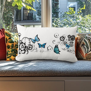 Steampunk Tribal Blue Butterflies Gear Swirl Lumbar Cushion