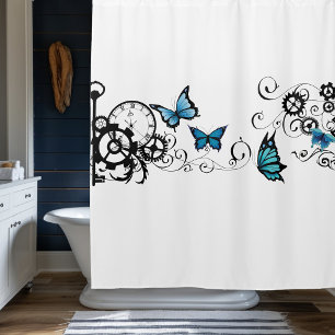 Steampunk Tribal Blue Butterflies Shower Curtain
