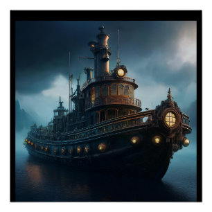 Steampunk Tugboat On A Cloudy Day Mousepad Poster