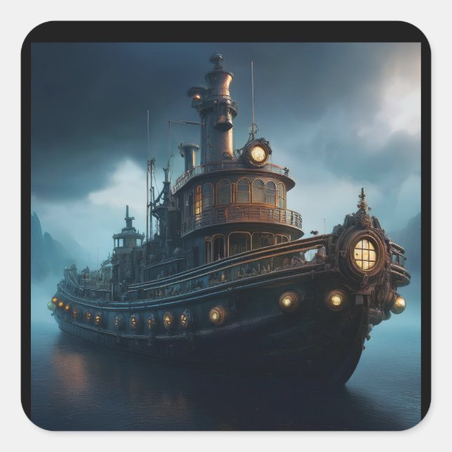 Steampunk Tugboat On A Cloudy Day Mousepad Square Sticker (Front)