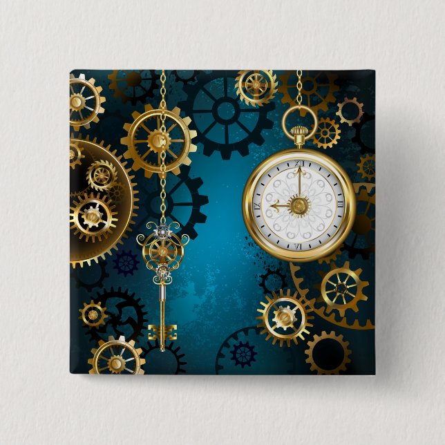 Steampunk turquoise Background with Gears 15 Cm Square Badge (Front)
