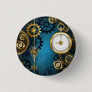 Steampunk turquoise Background with Gears 3 Cm Round Badge