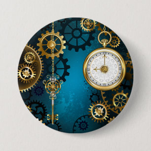 Steampunk turquoise Background with Gears 7.5 Cm Round Badge