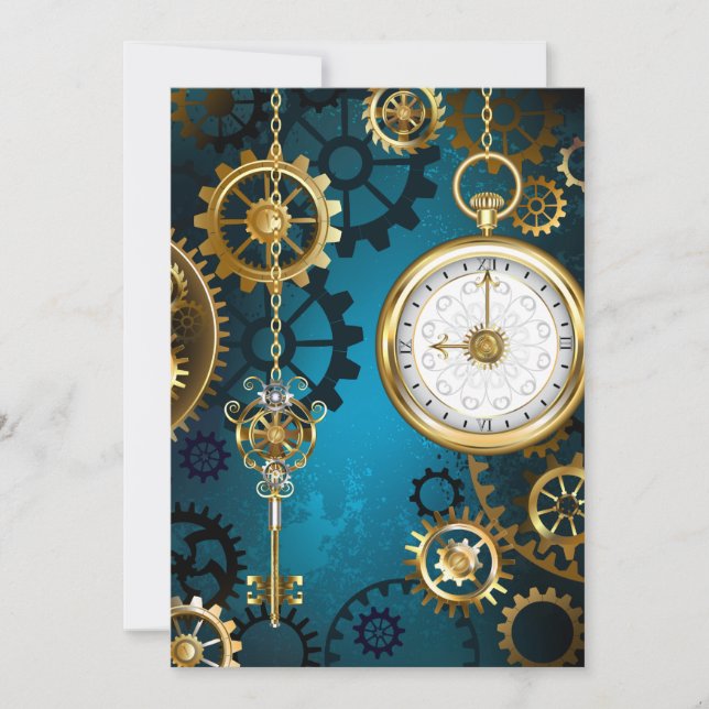 Steampunk turquoise Background with Gears Announcement (Front)