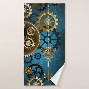 Steampunk turquoise Background with Gears Bath Towel