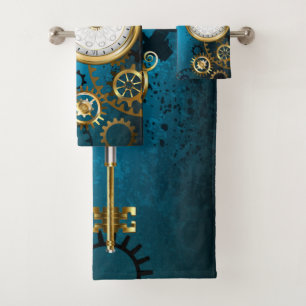 Steampunk turquoise Background with Gears Bath Towel Set