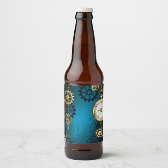 Steampunk turquoise Background with Gears Beer Bottle Label (Front)