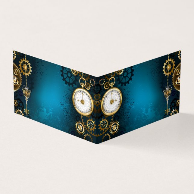 Steampunk turquoise Background with Gears Business Card (Outside)