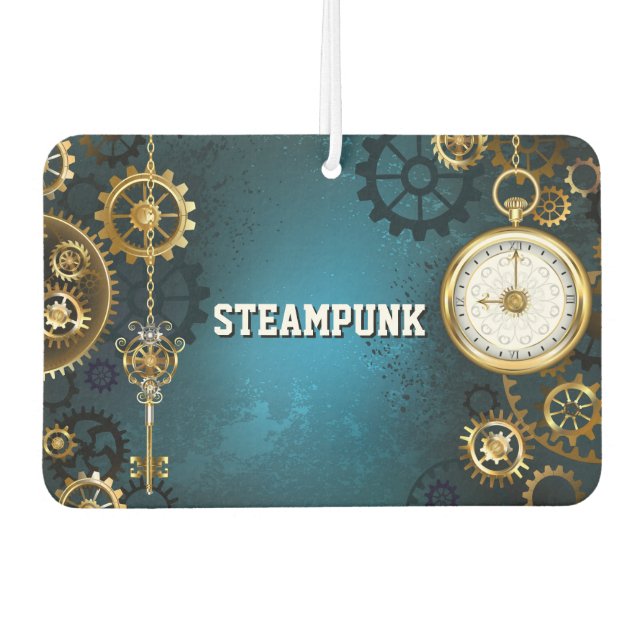 Steampunk turquoise Background with Gears Car Air Freshener (Front)
