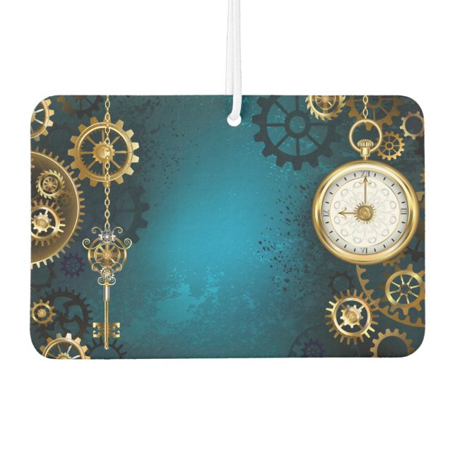 Steampunk turquoise Background with Gears Car Air Freshener (Front)