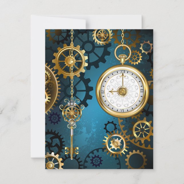 Steampunk turquoise Background with Gears Card (Front)