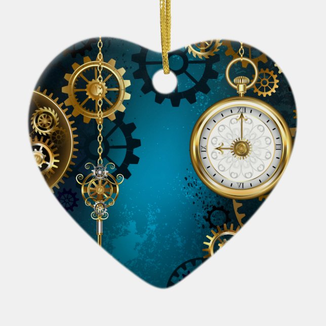 Steampunk turquoise Background with Gears Ceramic Ornament (Front)