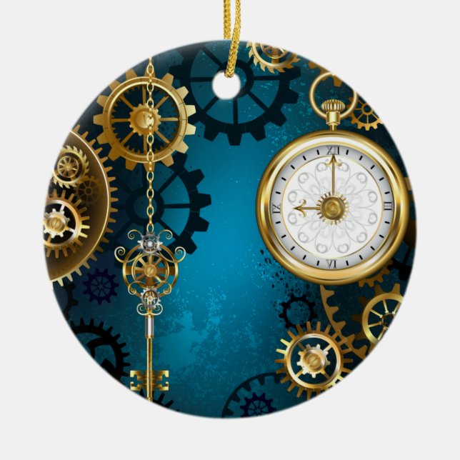 Steampunk turquoise Background with Gears Ceramic Ornament (Front)