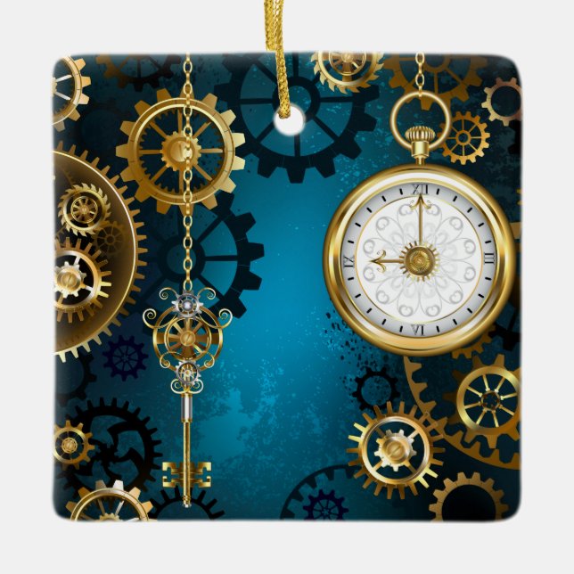 Steampunk turquoise Background with Gears Ceramic Ornament (Front)
